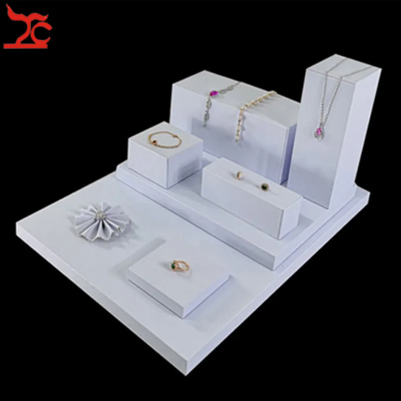 Portable  Cube White PU Jewelry Display Counter Showcase Wooden Pendant Necklace Earring Board Stand Ring Flower Tray4 8Pcs/lot