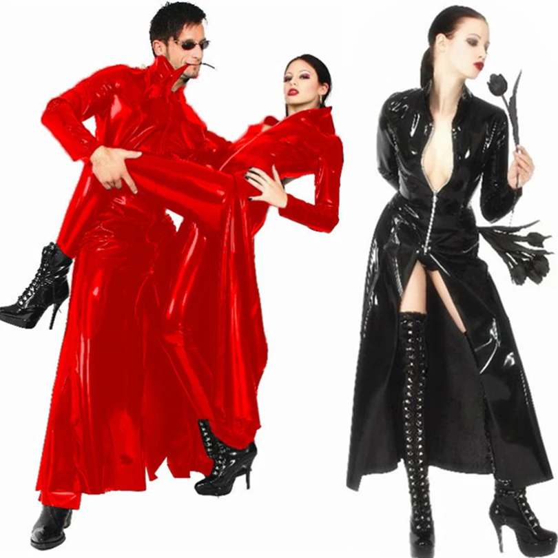 Red Black Sexy Cool Unisex Cloak Coat Halloween Party Trench The Matrix Wet look Leather Trench Exotic Superhero Cosplay Costume