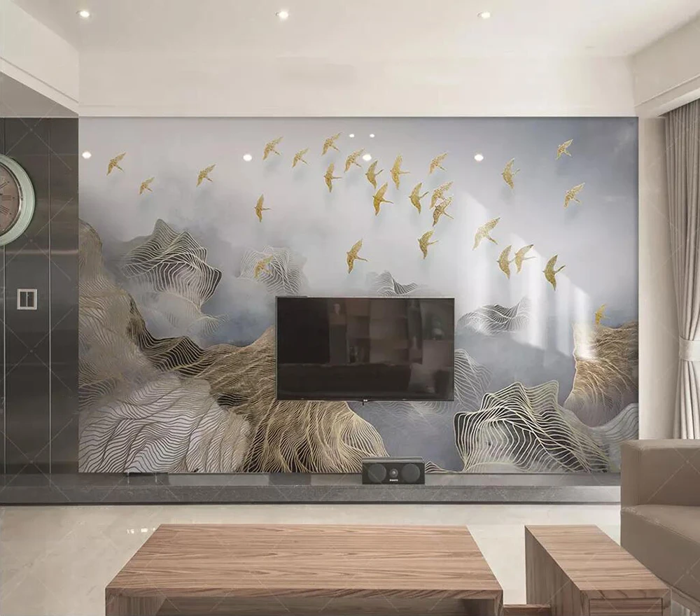 

Decorative wallpaper New Chinese 3D Artistic Conception Landscape Golden Line Bird TV Background Wall