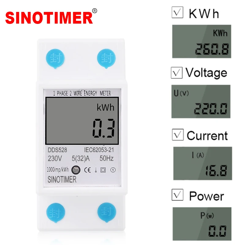 Home DIN Rail LCD Digital Display Power Consumption kWh Meter Single Phase Energy Meter Watt Wattmeter  230V AC 50Hz