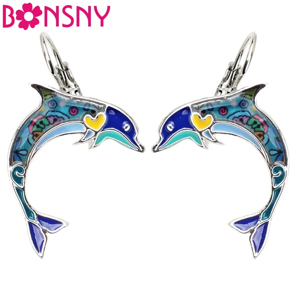

Bonsny Ocean Collection Enamel Jump Dolphin Alloy Stud Drop French Clip Earrings Fashion Animal Jewelry For Girls Women Ladies