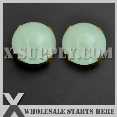 

12mm Mounted Cabochon Round H30 Mint Green Opal Acrylic Rhinestone in Gold Sew on Setting for Shoe,Garment