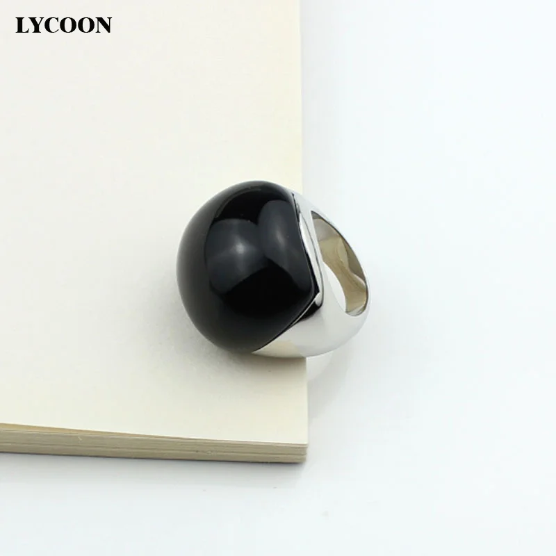 LYCOON Fashion 316L Stainless steel smooth polishing big black stone rings ball shape Onyx stone for woman luxury ring