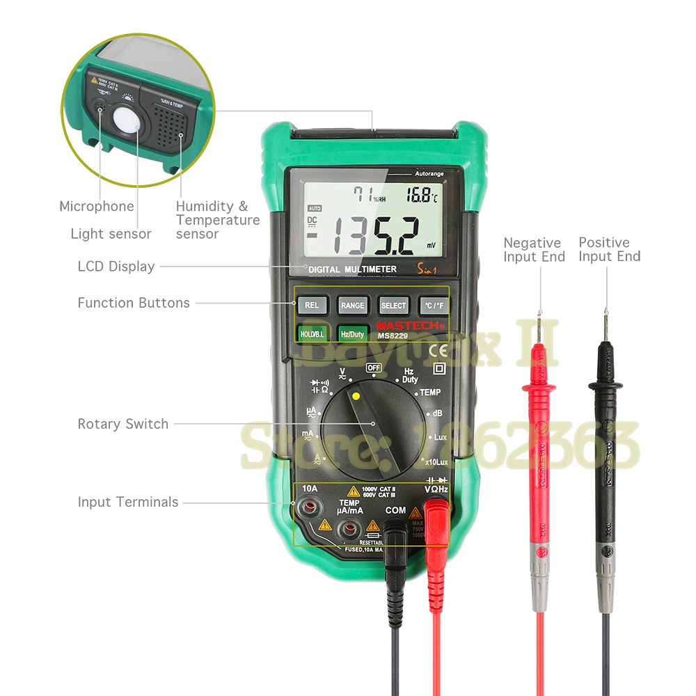 Mastech MS8229 Auto-Range 5-in-1 Multi-functional Digital Multimeter with DMM, Lux,Humidity,Sound Level,Thermometer