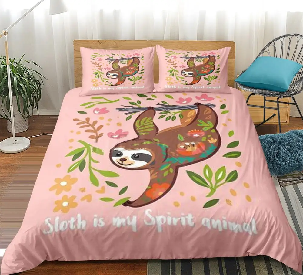 Cute Sloth Bedding Set Queen Size sloth Duvet Cover for Girls Pink Cartoon Animals Bed Set green leaf Bed Linen 3-Piece