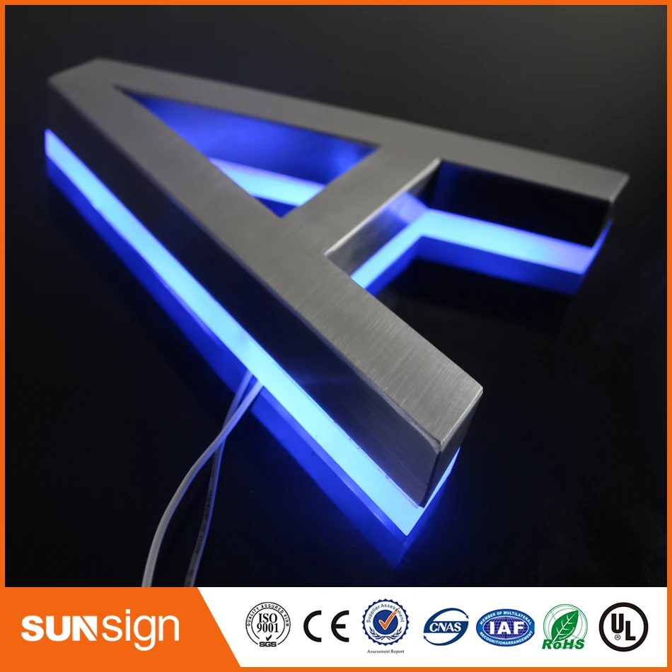 H25cm sinalização de aço inoxidável com luz de fundo, loja iluminada 3d, entradas de letras led