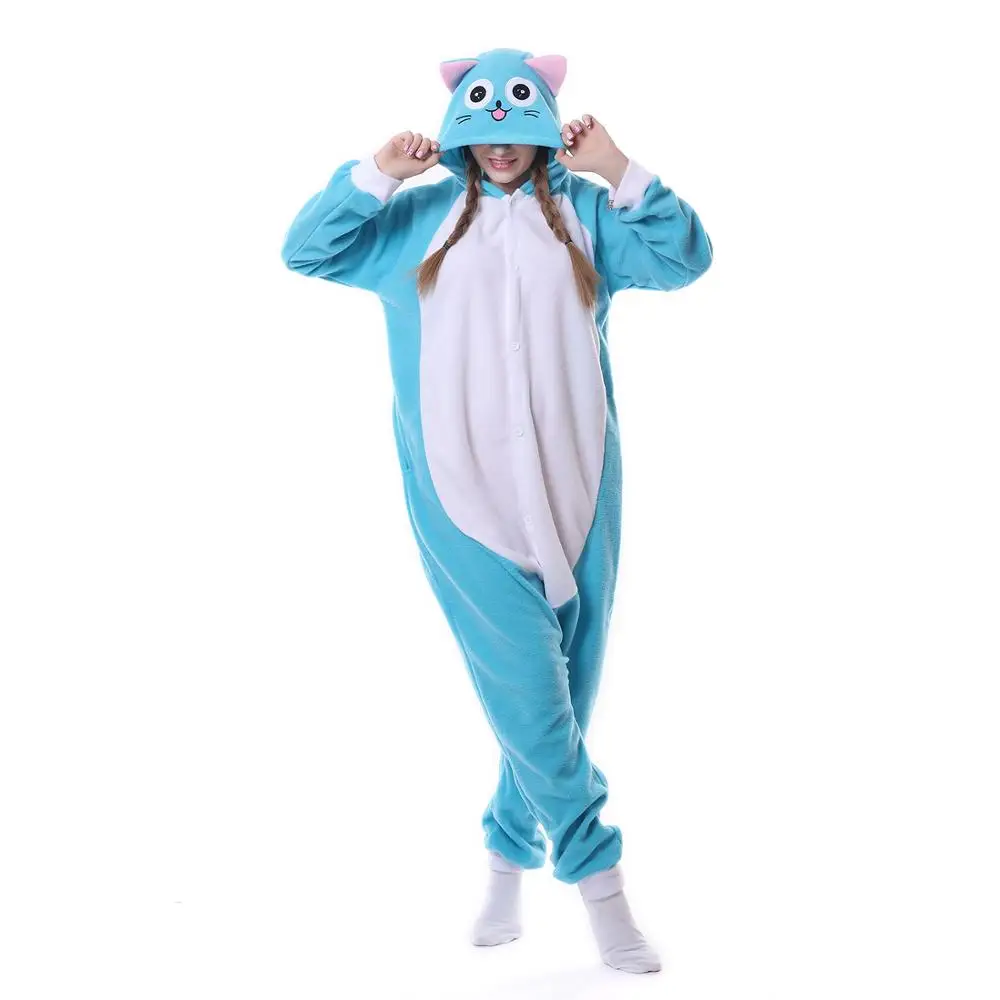 Inverno adulto donna animale Anime coda di fata felice blu gatto pigiama Halloween festa di natale tutine Cosplay pigiama vestito operato