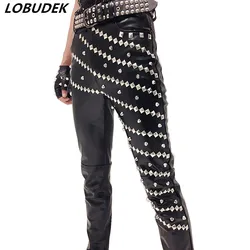 Personality Tide Male Black Rivet Leather Pants Rock Band Singers Performance Costume Bar Punk Dancer Stage Wear Slim Trousers