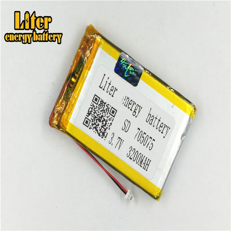 1.0MM 2pin connector Lithium Battery 3.7V 705075 3200mah e-books GPS PDA lipo lithium polymer battery li ion battery