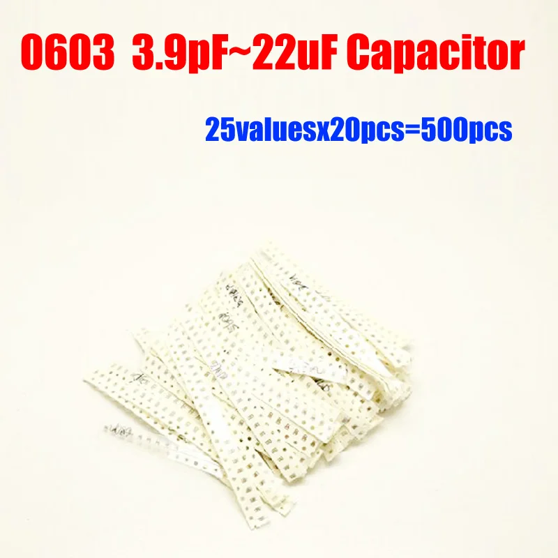 

25valuesX20pcs=500pcs 0603 SMD 50V Capacitor Assortment Kit 3.9pF-22uF Pack