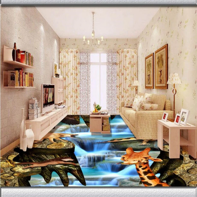 Custom creative forest animal party waterfalls 3D floor three-dimensional decorative painting non-slip self-adhesive paste