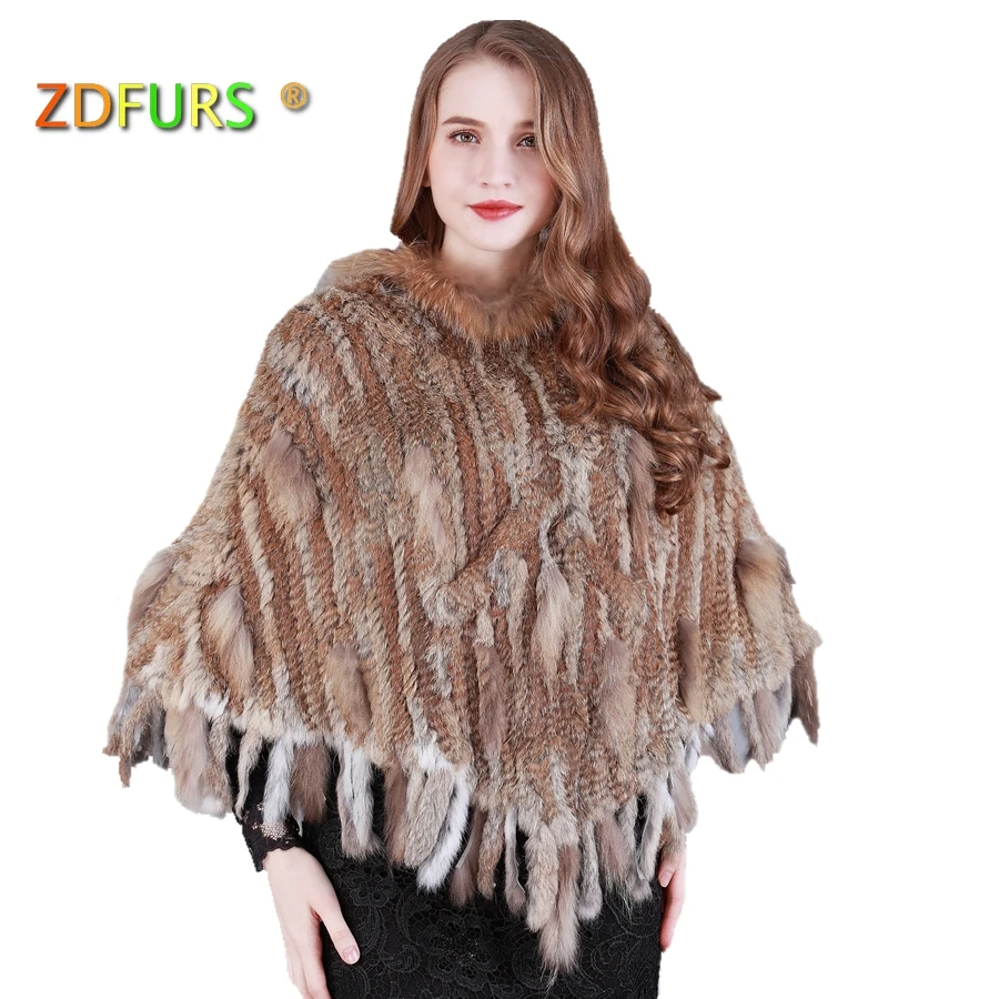 

ZDFURS * Real Knitted Rabbit Fur Poncho raccoon fur trimming rabbit fur Shawl with Tassels and pocket Wrap women