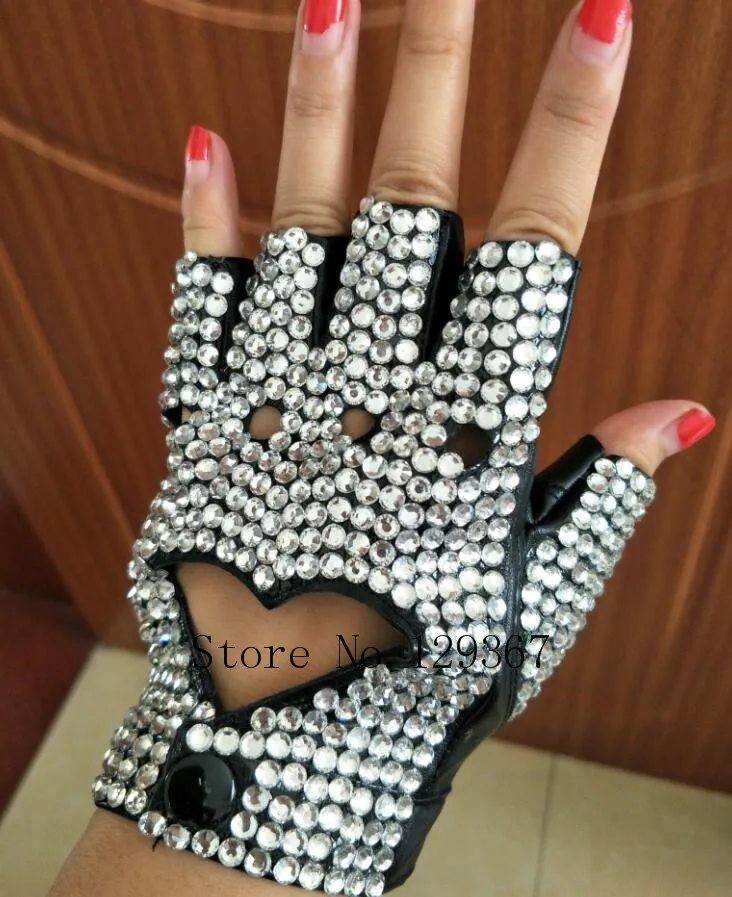 Women's fashion semi-finger faux PU  leather sexy fingerless heart cut out rhinestone gloves lady's hip-hop dance  gloves