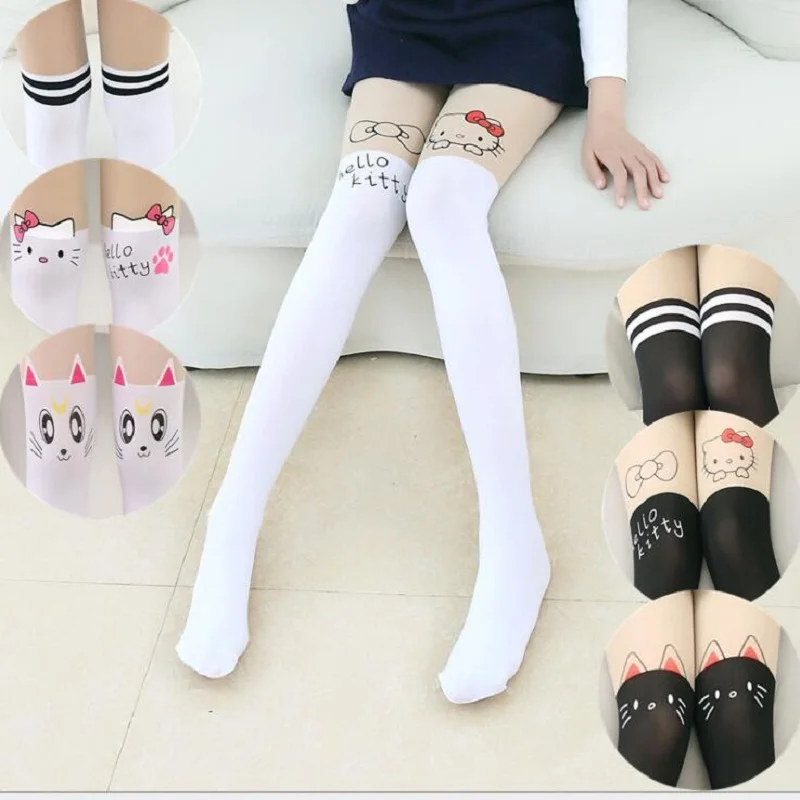 ฤดูร้อนเด็กทารกเด็กหญิงบาง Tights Pantyhose เข่าปลอม TATTOO กำมะหยี่ถุงน่องสีขาวการ์ตูน Kitty Cat 3-8Y ใหม่