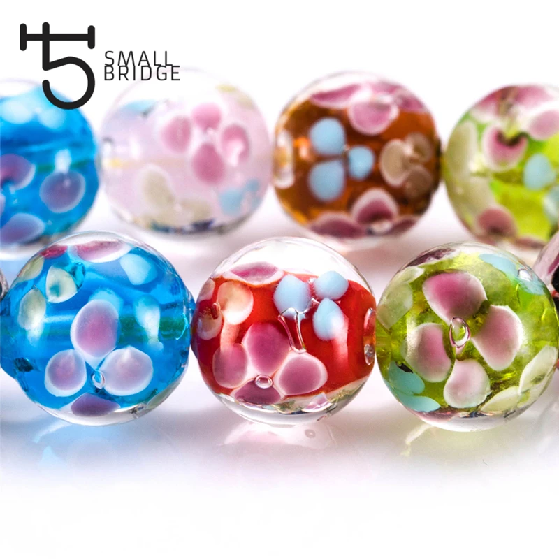 14mm Murano Flower Lampwork Glass Beads for Jewelry Making Women Diy Bracelet Perles Loose Transparent Round Beads L301