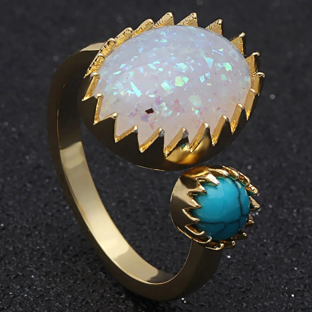 New Fashion Female CZ Fire Opal Ring Jewelry Gold Color Beautiful Opal & Blue Stone Crown Oval Ring For Women Charm Custom Ring