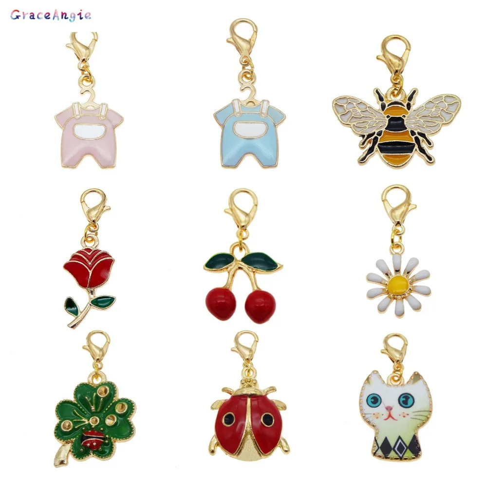 9pcs Dangle Charms Pendant with Lobster Clasp Enamel Cat Rose Bee Ladybug Daisy Cherry DIY Keychain Earrings Jewelry Making