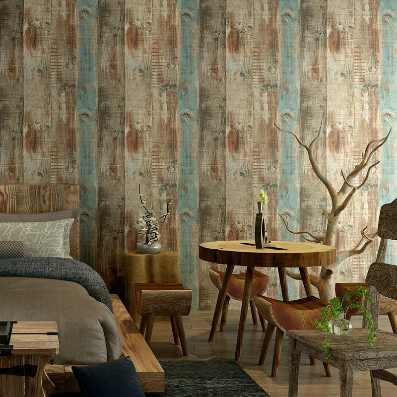 American Style Vintage Wallpaper Roll Personalized 3D Wood Wall Panel Waterproof Vintage Wallpaper Stripped for Coffee Shop