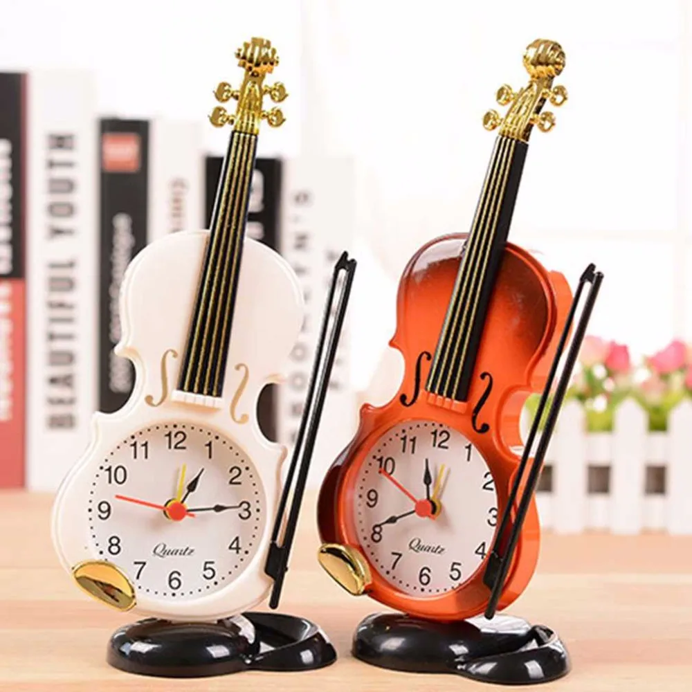 

100pcs2 Colors Creative Instrument Table Clock Student Violin Gift Home Decor Fiddle Quartz Alarm Clock Desk Plastic Craft