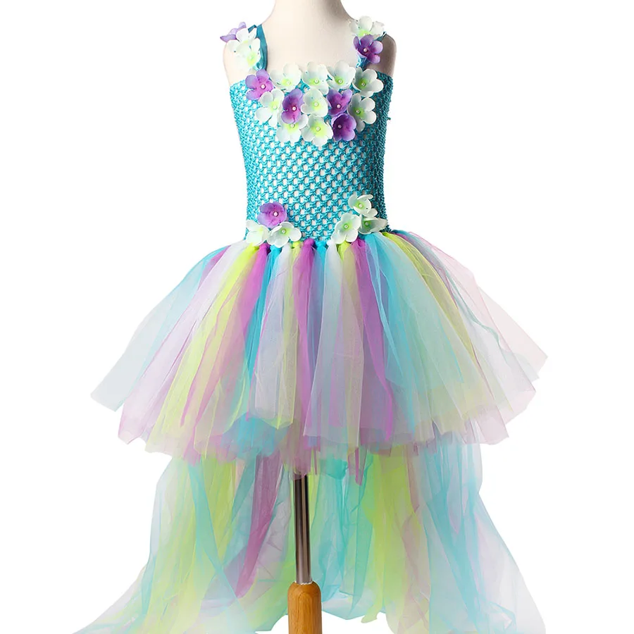 Kids Princess Flowers Rainbow Tutu Dress Baby Long Tail Fairy Costume Girls Colored Wedding Ball Gown Baby Party TUTU Clothing