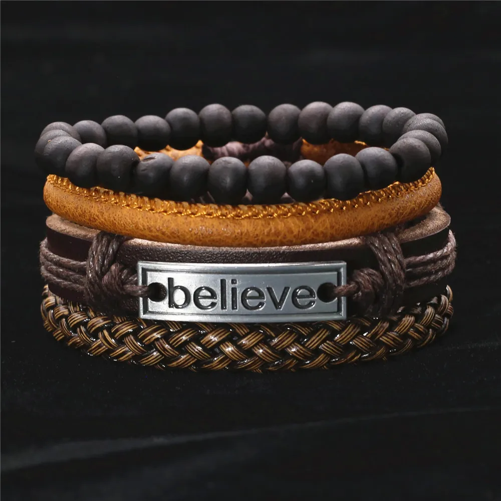 Fashion Believe Multilayer Leather Bracelet Braided Handmade Femme Homme Bead Wrap Women Men Bracelets & Bangles Male