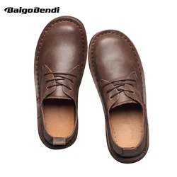 Recommend ! Men Retro Round Toe Four Season Casual Shoes Leisure Male Full Grain Leather Lace Up Soft Oxfords