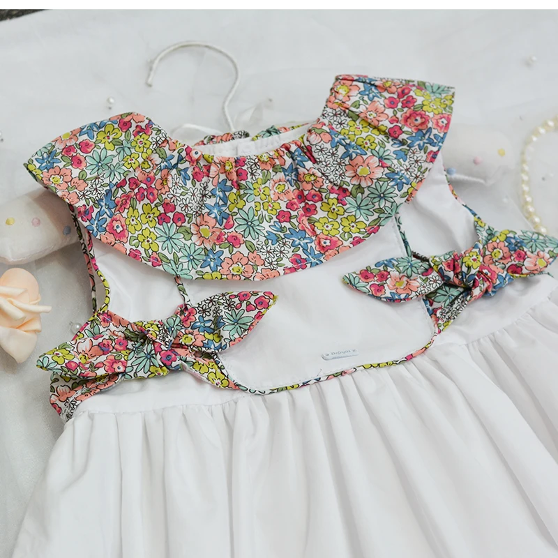 2PCS Baby Girls Summer Vintage Spanish Floral Flower Bow Princess Dress with Pants White Casual Dress for Baby Girls 100% Cotton