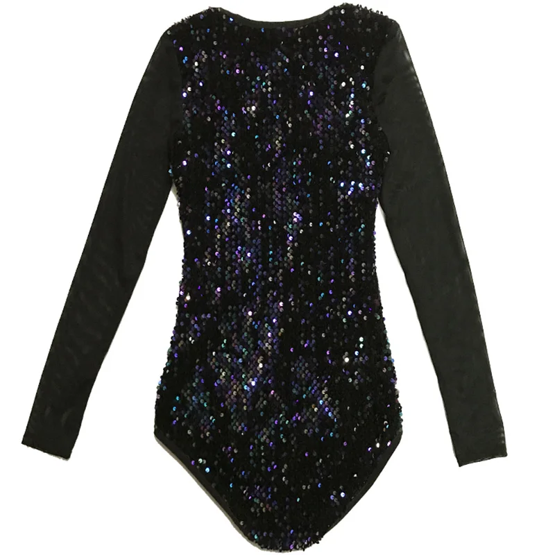 Sexy Stage Costume Women Singer Jumpsuit Black Sequin Bodysuit Nightclub Pole Dance Performance Clothing Female Wears DNV10692