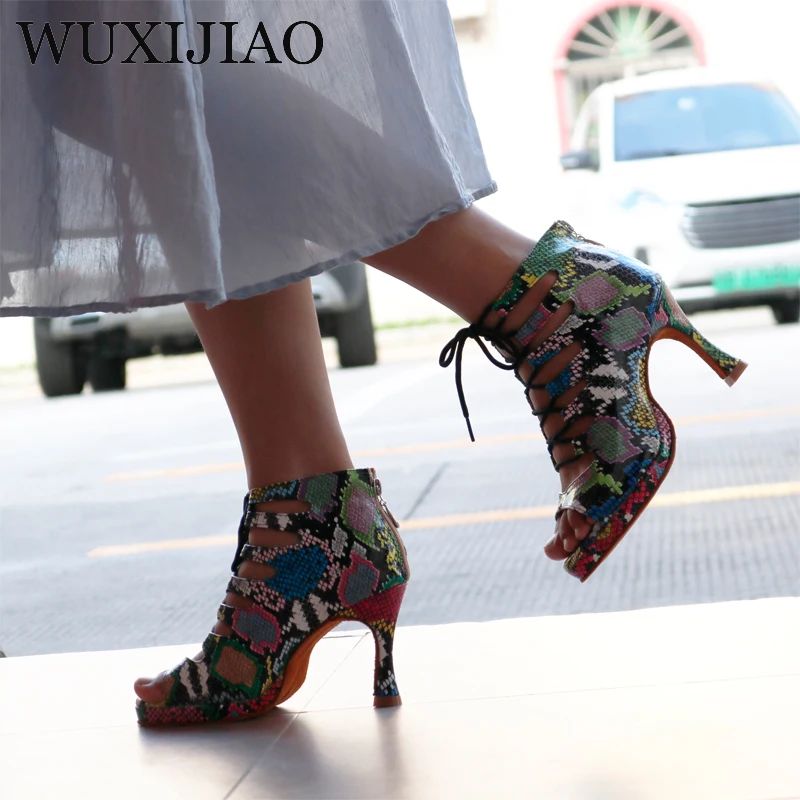 WUXIJIAO dance shoes for women Latin dance shoes trend snake texture Salsa dance shoes HEEL5CM-10CM