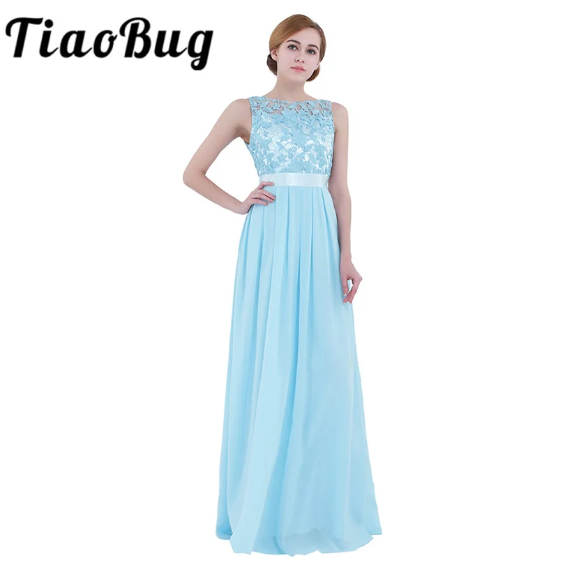 TiaoBug Women Ladies Sleeveless Lace Embroidered Chiffon Bridesmaid Dress Long Party Pageant Wedding Bridal Formal Summer Dress