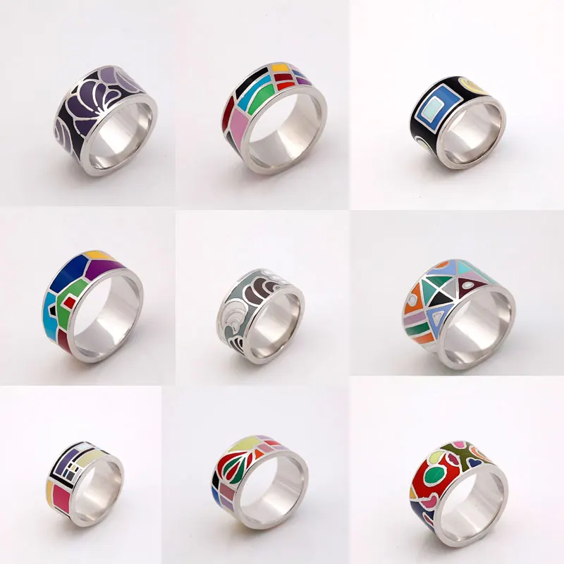 Big Promotion 10 Styles Silver Plated Rainbow Colorful Enamel Jewelry Rings