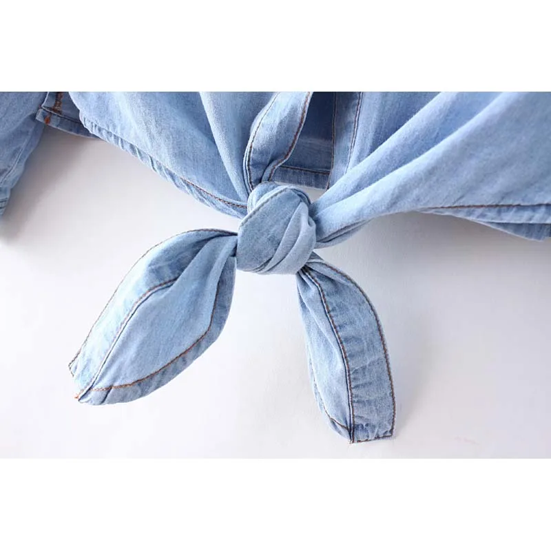 Của phụ nữ Áo Mùa Hè Nữ Denim Jacket Áo Sơ Mi Mỏng Ngắn Knot Khăn Choàng Crop Tops Cardigan Kem Chống Nắng Quần Áo