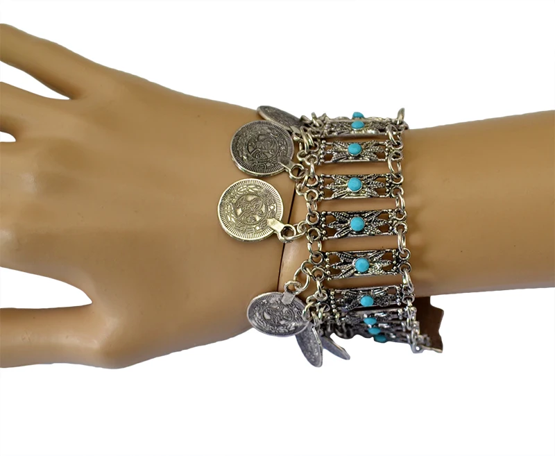 Ethnic Boho Blue Stone Bracelet Turkish Gypsy Tribal Chic Antique Coin Tassel Bracelets For Women India Jewelry pulseira