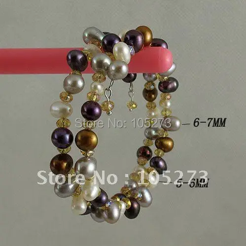 

Wholesale Nice bracelet AA 5-7mm Multicolor Genuine fresh water pearl &Gold champagne crystal 2rows Bracelet 10pcs/lot A2177