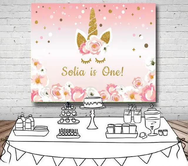 Custom  pink flower Gold star Coins Unicorn Baby Shower Backgrounds High quality Computer printed wall backdrop