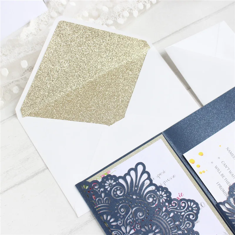 Elegant card wedding invitation bridal greeting card with glittery envelop offer inner RSVP printing 50pcs