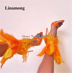 Women Charming Feather Decorated Stiletto Heel Gladiator Sandals Orange White Black Fur Warp High Heel Sandals Stage Heels Shoes