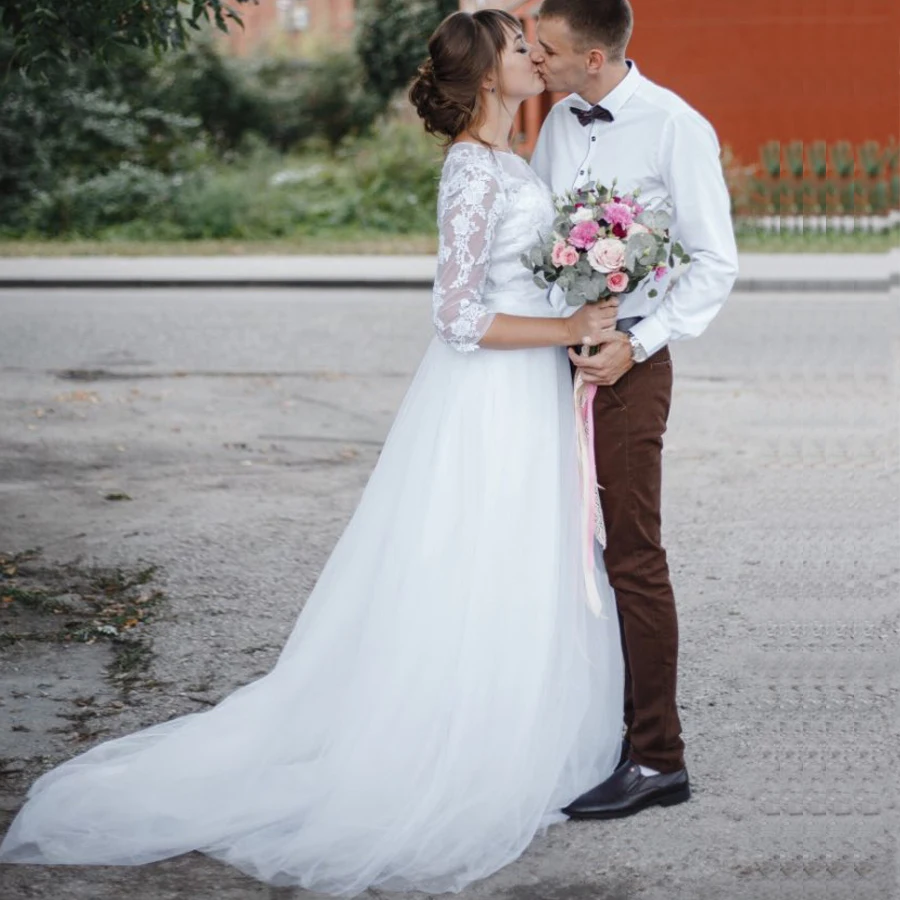 Vestido de Noiva koronkowa suknia ślubna z długim rękawem Scoop aplikacja suknia ślubna z tiulu suknie ślubne z linii szata De Mariage