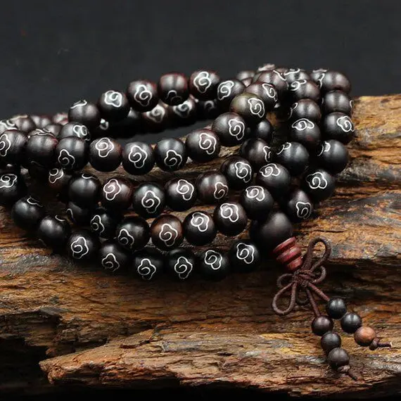 6mm 8mm 10mm 12mm *108* Natural Ebony Mala Black Beads Mosaic Silver Beads 108 Buddhism Beads,Meditation Prayer Loose Wood Bead