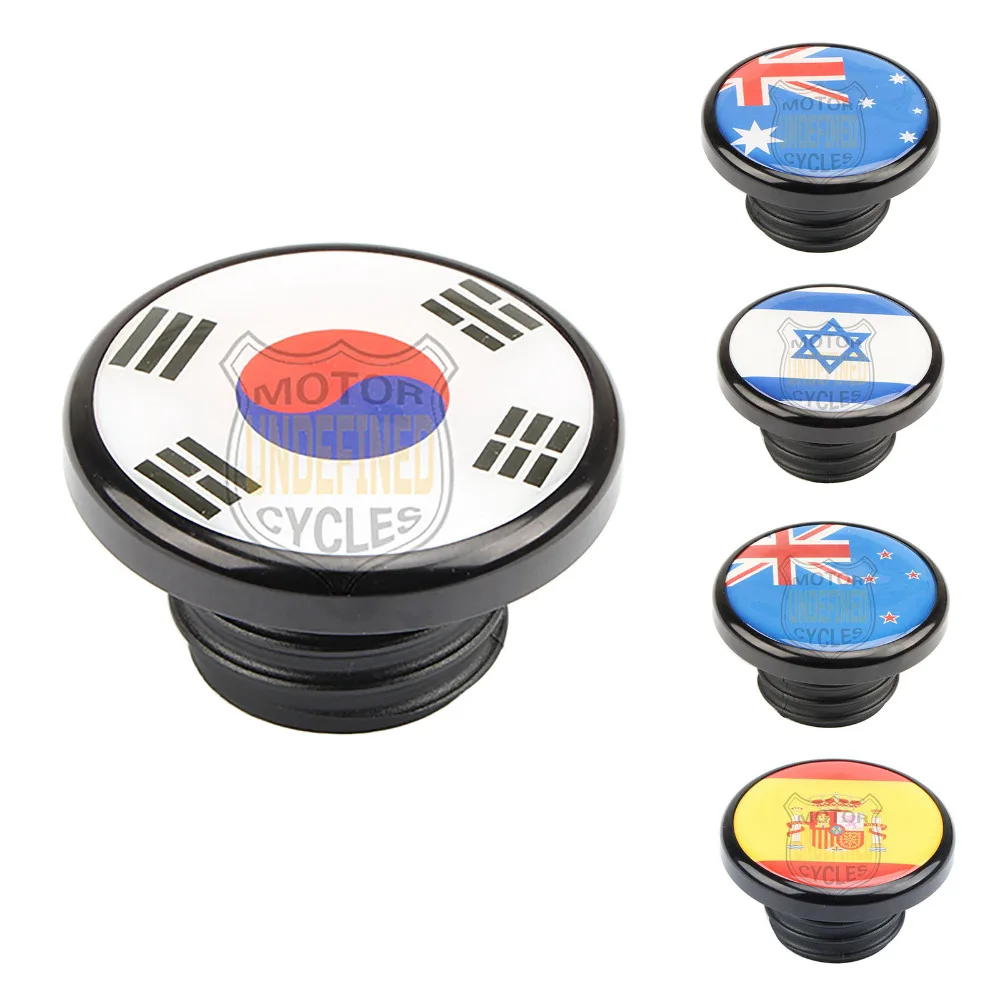 

Black Motorcycle Fuel Tank Cap Korea Spain Australia Flag Custom Vented Gas Cap Cover For Harley Sportster XL 1200 883 Dyna FXD