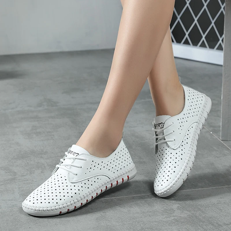 Genuine Leather ladies flats sneakers shoe Women casual loafers shoes female Hollow moccasins White Lace up canvas Boat shoes