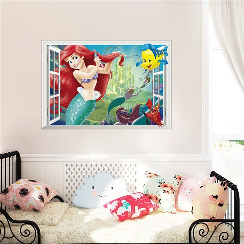 

Mermaid Ariel Princess Sealifes Wall Stickers For Home Decoration Diy Kids Room 3d Window Mural Art Girl's Decals Movie Posters