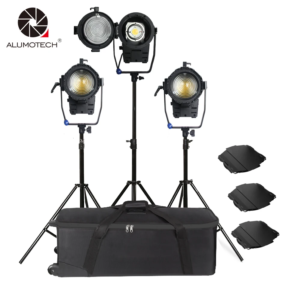 ALUMOTECH Fresnel Spot LED Light 100WX3+StandX3+Case Kit For Camera Video Studio Photography Supporting Equipment