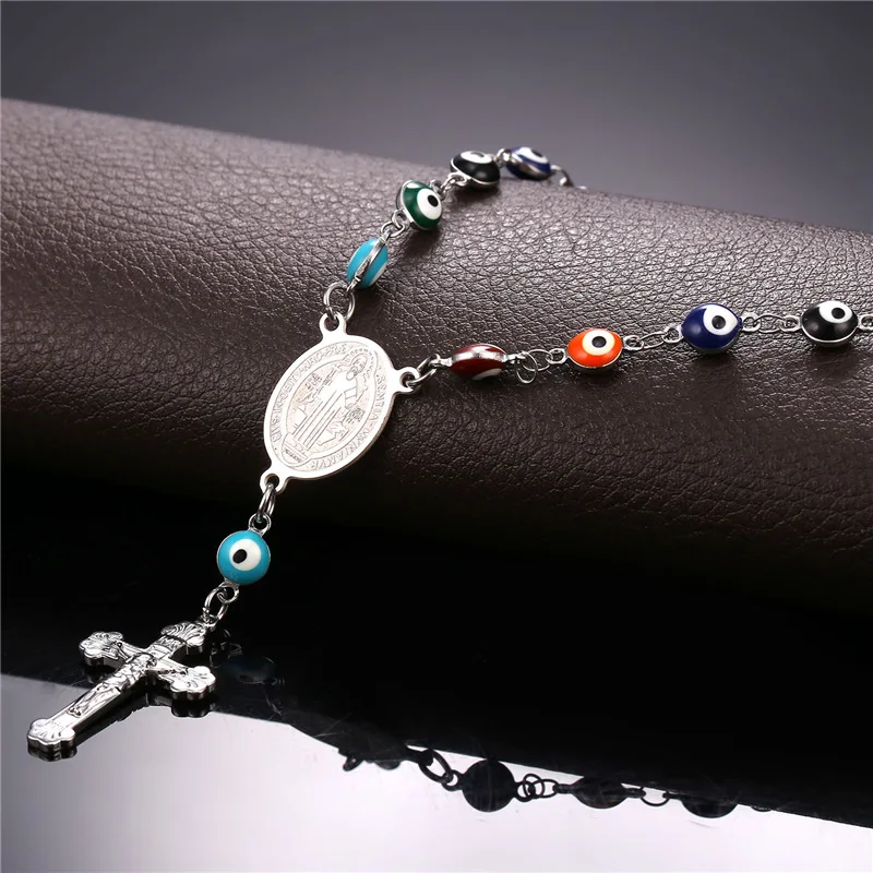 Rozenkrans Armband Boze Ogen Kralen Kruis Charme Gouden Kleur Roestvrij Staal Saint Benedict Medaille Bangle Religieuze Sieraden Qc24