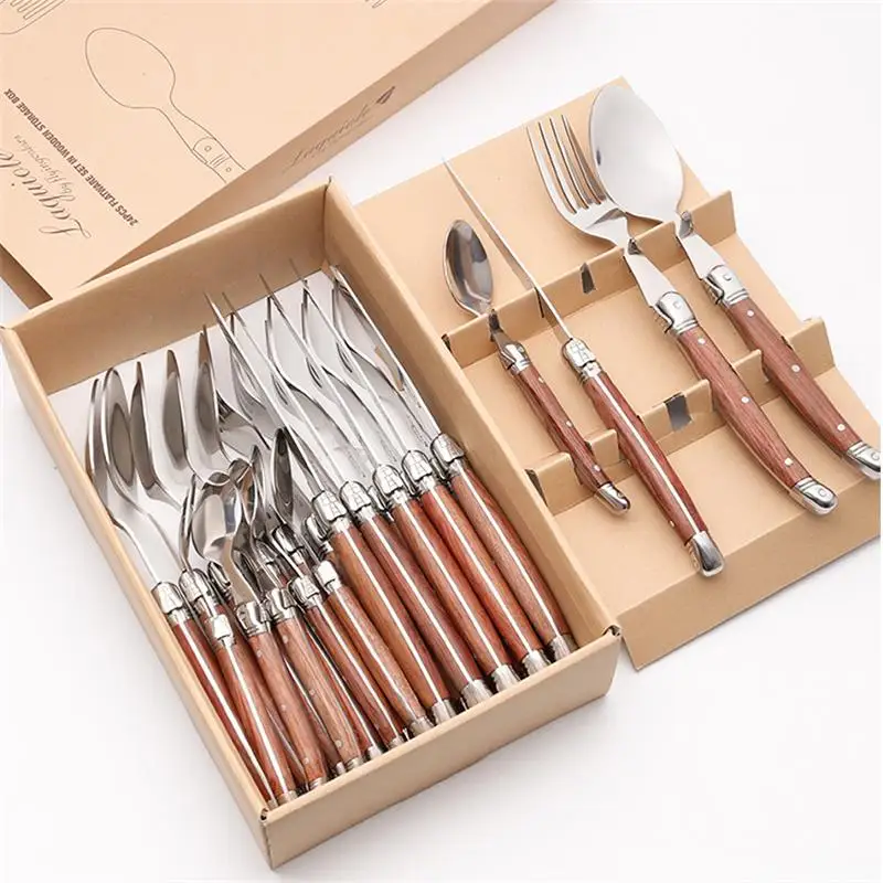 24pcs Laguiole Stainless steel Flatware Set Wood Handles  Steak Knife Fork Dinner Spoon Teaspoon Cutlery Gift Party Dinner Set