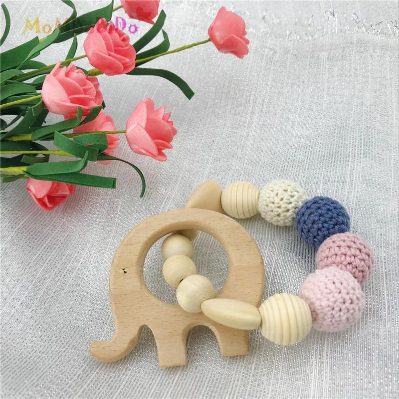 

Wooden Baby Bracelet Animal Shaped Teething For Baby Organic Wood Silicone Beads Baby Rattle Stroller Accessories Toys Best Gift