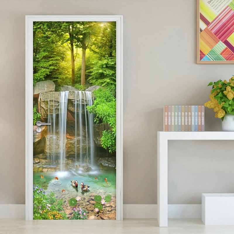 

Waterfall 3D Landscape Door Sticker Wall Painting PVC Waterproof Self-adhesive Sticker Living Room Bedroom Door Mural Wallpaper