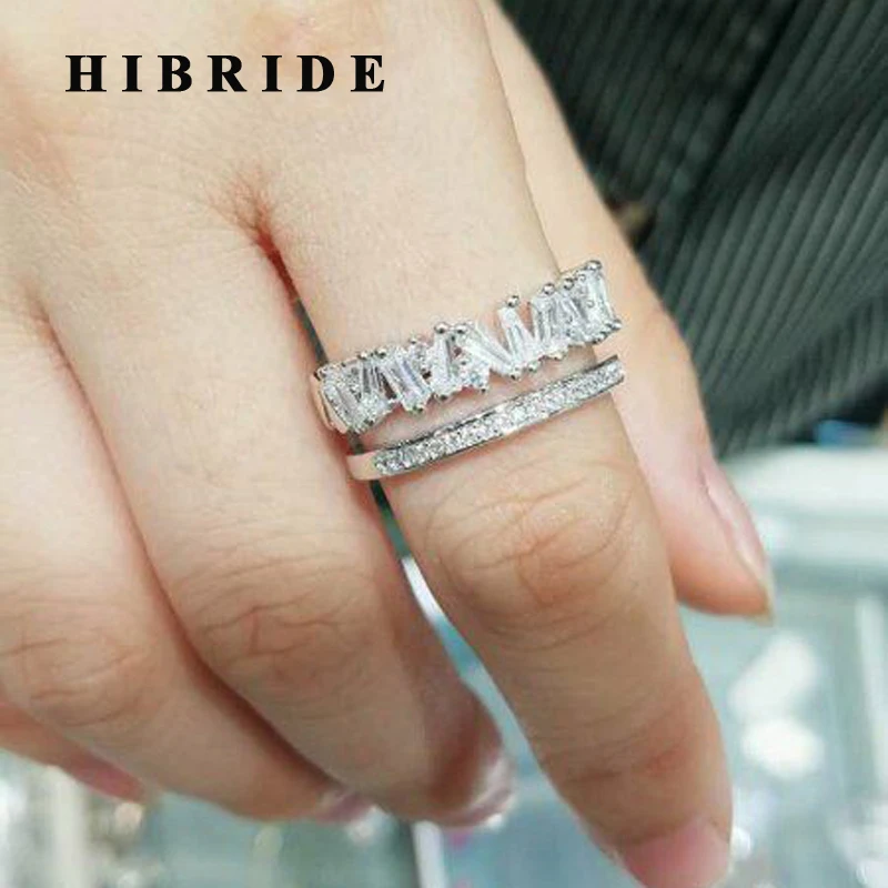 HIBRIDE Luxury AAA Cubic Zircon Baguette Women Rings Trendy Adjustable Size Open Finger Ring For Female Gifts R-177