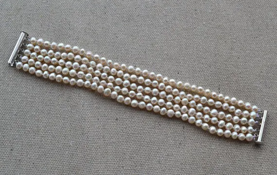 Perfect Women's Pearl Jewelry, White 100% Real Freshwater Pearl Bracelet,8 Inches AA 5mm 5 Rows Fashion Lady's Jewelry