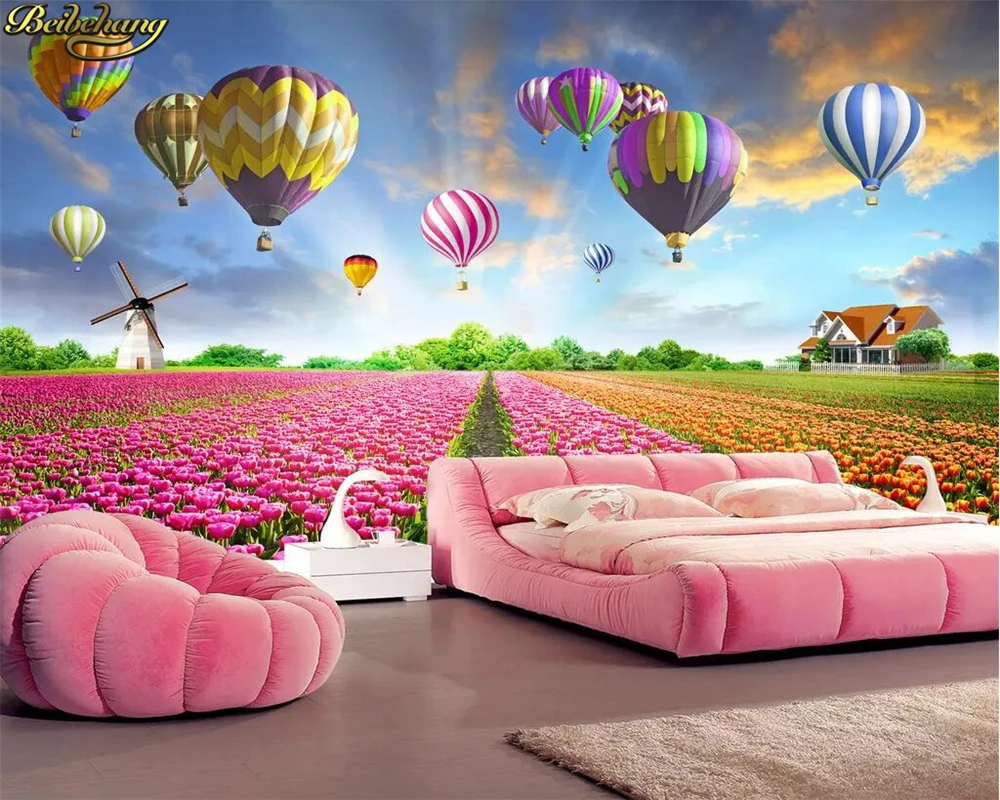 beibehang Custom photo Scenery Pastoral Hot Air Balloon Tulip Flower Back room mural living room TV 3D wallpaper papel de parede